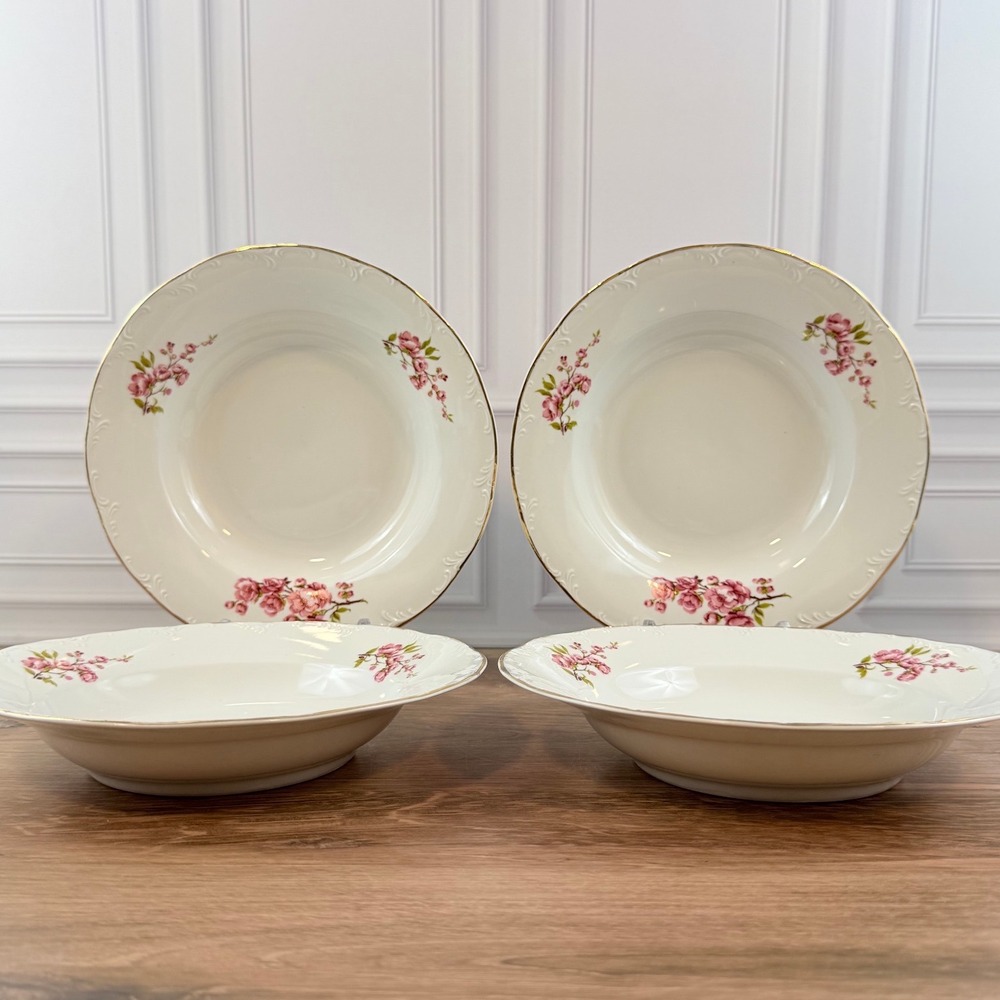 VTG Set of 4 ARPO Romania Pink Flowers 8 3/4in Soup Bowls Gilded